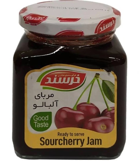 خرسند مربا آلبالو شیشه چهار گوش 300 گرمی